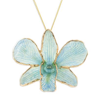 'Gold-Plated Blue Orchid Petal Pendant Necklace and Brooch'