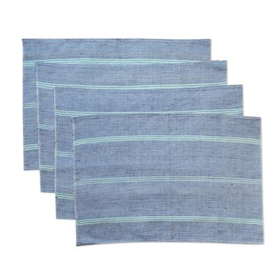 Celestial Stripes,'Hand Woven Blue Cotton Placemats (Set of 4)'