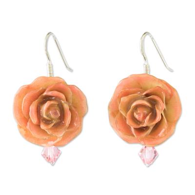 Captured Sunset Beauty,'Yellow and Peach Natural Rose and Glass Bead Earrings'
