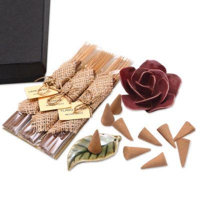 Burgundy Rose,'Incense and Ceramic Holders Gift Set'