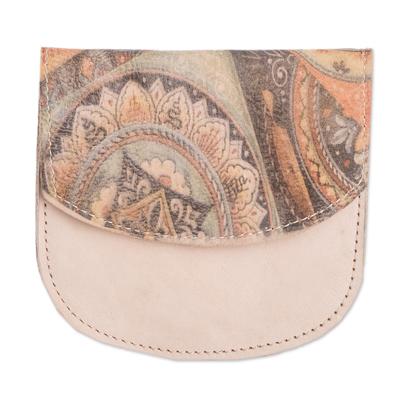 Mandala Paradise,'Handcrafted Printed Mandala Leather Coin Purse in Beige'