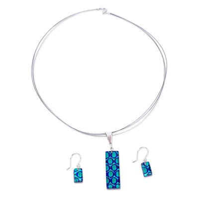 Caribbean Islands,'Blue & Aqua Dichroic Art Glass Necklace & Earrings Jewelry'