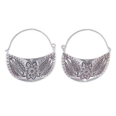 Karen Crescent,'Floral Karen Silver Hoop Earrings from Thailand'
