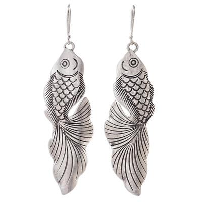 Goldfish Bliss,'Sterling Silver Goldfish Dangle Earrings from Thailand'