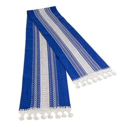 Zapotec Sapphire,'Handwoven Sapphire Blue & Ivory Cotton Zapotec Table Runner'