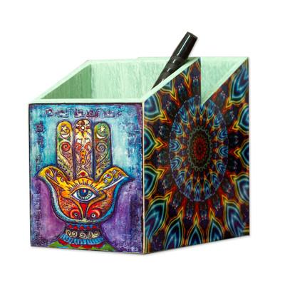 Multicolored Hamsa,'Multicolor Decoupage Hamsa Pine Wood Pencil Holder'