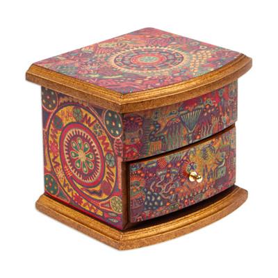 Huichol Vision,'Decoupage on Pinewood Jewelry Box with Huichol Theme'