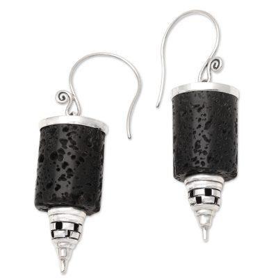 Stupa Pillar,'Lava Stone and Sterling Silver Dangle Earrings'