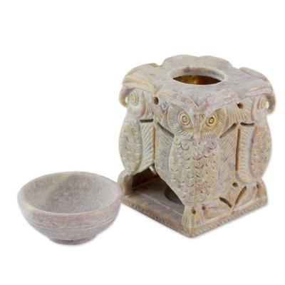 Soapstone oil warmer, 'Agra Owls'