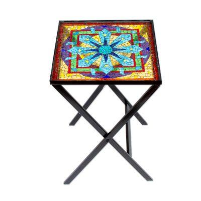 Luminous Mandala,'Mandala Inspired Cut Glass Mosaic Folding Table from Mexico'