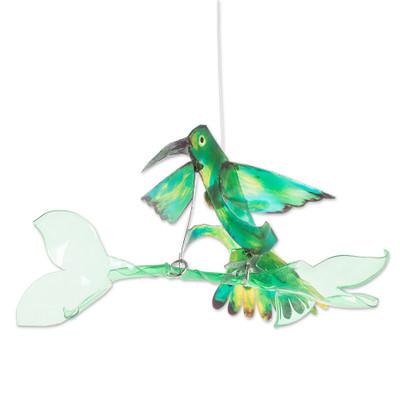'Hand-Painted Recycled Plastic Mobile of a Green Hummingbird'