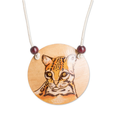Spirit Portrayal,'Hand-Painted Calabash Gourd Ocelot Pendant Necklace'