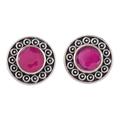 Confidence Bloom,'Floral Sterling Silver Button Earrings with Pink Onyx Gems'