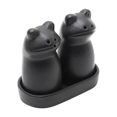 Fanciful Frogs in Black,'Matte Black Ceramic Frog Salt and Pepper Shakers with Tray'