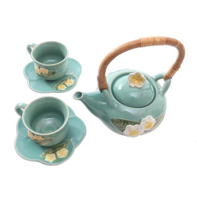 Frangipani Tea,'Ceramic Floral-Themed Tea Set for Two (5 Pcs)'