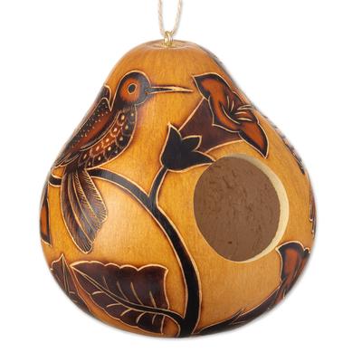 'Hand-painted and Hummingbird-themed Dried Gourd Birdhouse'