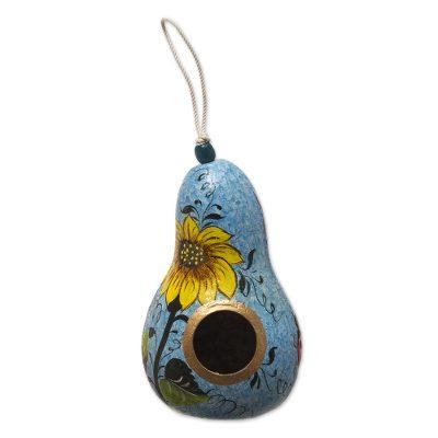 Sunflower and Sky,'Hand Painted Dried Gourd Birdhouse'