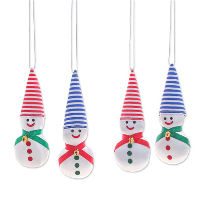Snowy Kids,'Set of Four Satin Snowmen Ornaments with Aluminum Bells'