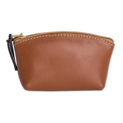 Evening Treasure,'Handcrafted Brown Leather Coin Purse with Zipper Closure'