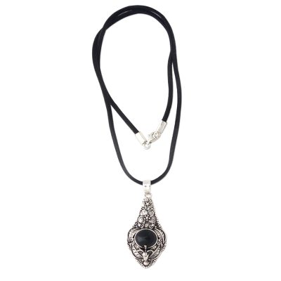 Midnight Garden,'Floral Sterling Silver and Onyx Necklace'