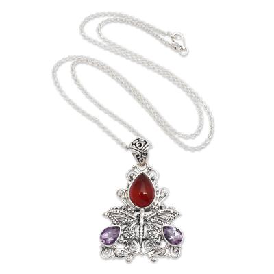 Carnelian and amethyst pendant necklace, 'Lady Butterfly'