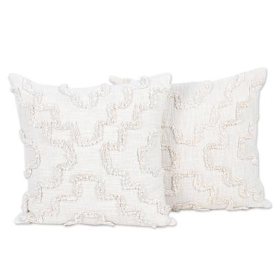 Ecru Tunnels,'Pair of Ecru Cotton Cushion Covers with Embroidered Details'