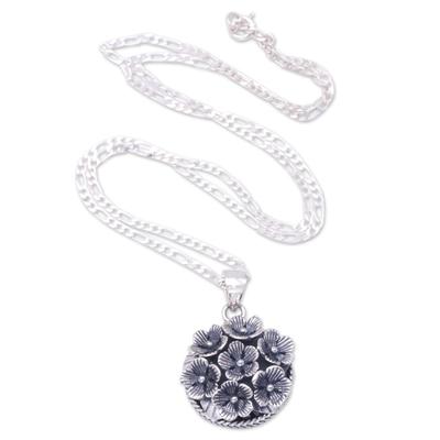 Flowers for Canang,'Balinese Sterling Silver Pendant Necklace with Floral Motifs'