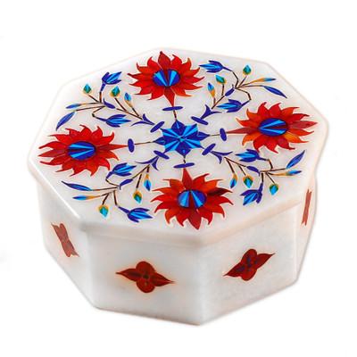 Marble inlay jewelry box, 'Sunflower Bouquet'