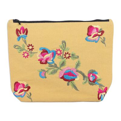 'Rayon-Embroidered Floral Mimosa Yellow Cotton Cosmetic Bag'