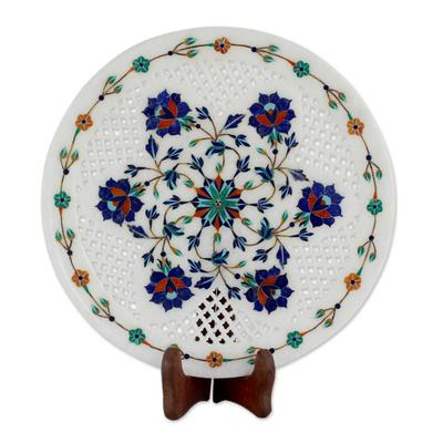 Floral Muse,'Jali Motif Marble Inlay Decorative Plate Crafted in India'
