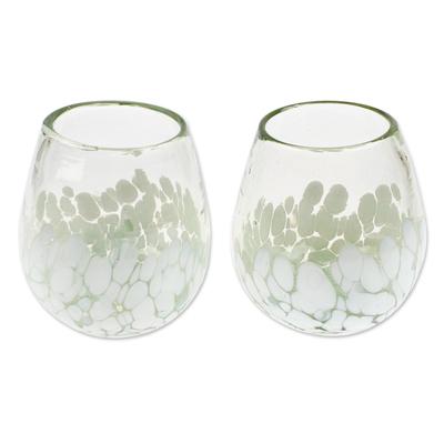 White Strokes,'Pair of Stemless Wine Glasses Handblown from Recycled Glass'