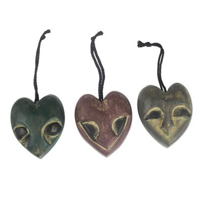 Heart Mask,'Handmade Ofram Wood Holiday Ornaments (Set of 3)'