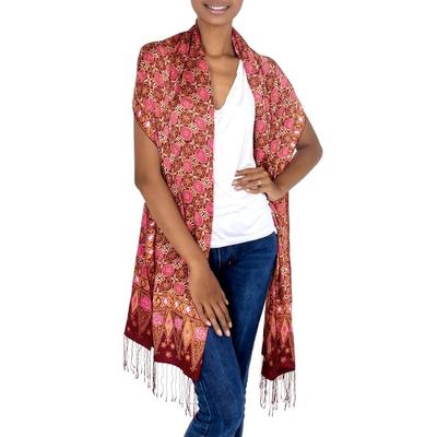 Silk batik shawl, 'Java Crimson Court' - Red Silk Batik Shawl Wrap