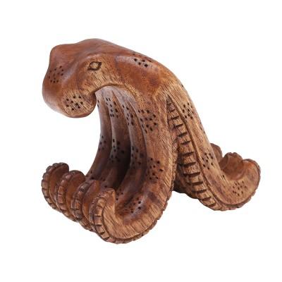 'Hand-Carved Natural Brown Jempinis Wood Octopus Phone Stand'