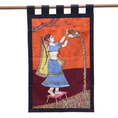 Rural Chores,'Batik Cotton Wall Hanging of Agricultural Woman from India'