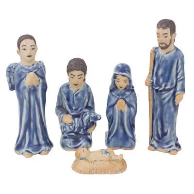 Blessed Nativity in Blue,'Hand Crafted Celadon Ceramic Nativity Statuettes (set of 5)'