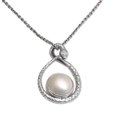 Mother Snake,'Cultured Pearl and Sterling Silver Snake Pendant Necklace'