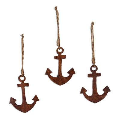 Anchors Aweigh,'Wood Anchor Ornaments Handmade in India (Set of 3)'