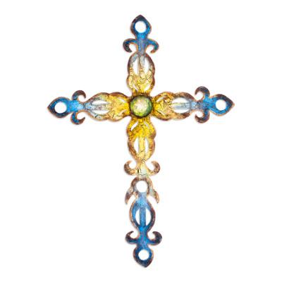 Yellow Flames of Devotion,'Handcrafted Steel Cross Wall Art in Yellow and Blue Hues'