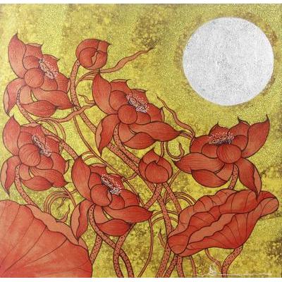 Earthy Blossom II,'Thai Red Lotus Painting with Gold and Silver Foil'