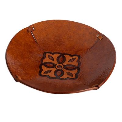 Colonial Florals,'Brown Hand Tooled Leather Catchall Plate from Peru'