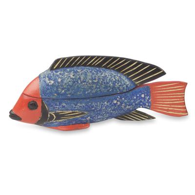 Wood box, 'Blue Ga Fish'