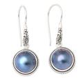 Blue Mirror,'Sterling Silver and Cultured Pearl Dangle Earrings from Bali'