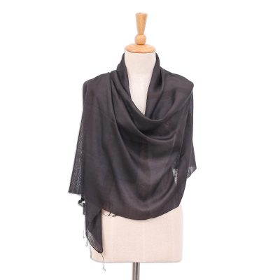 Silk and cotton scarf, 'Black Harmony'