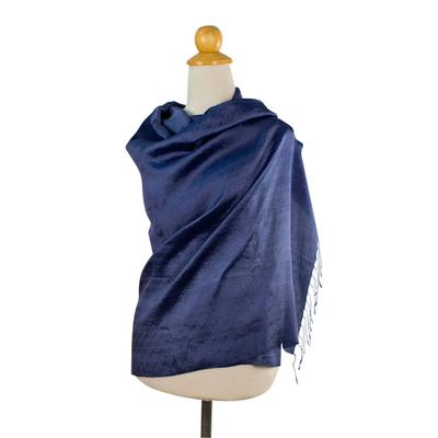 Rayon and silk blend shawl, 'Elegance in Indigo'