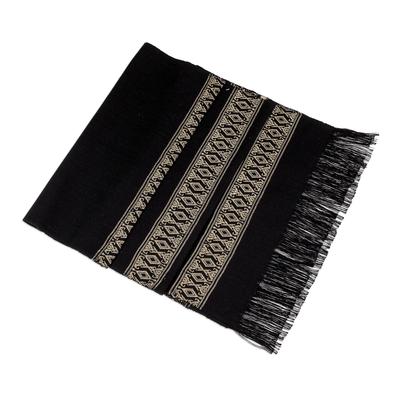 Beige Moon,'Handwoven Cotton Table Runner in Black from Guatemala'