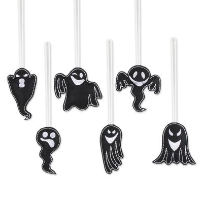 Spooky Ghosts in Black,'Black Wool Felt Ghost Ornaments from India (Set of 6)'