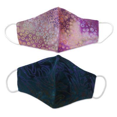 Waves and Bubbles,'2 Contoured Double Layer Rayon Batik Elastic Loop Face Masks'