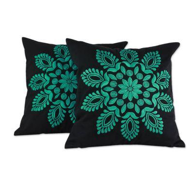 Cotton cushion covers, 'Teal Splendor' (pair)