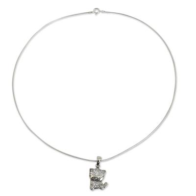 Sterling silver pendant necklace, 'Filigree Kitten'